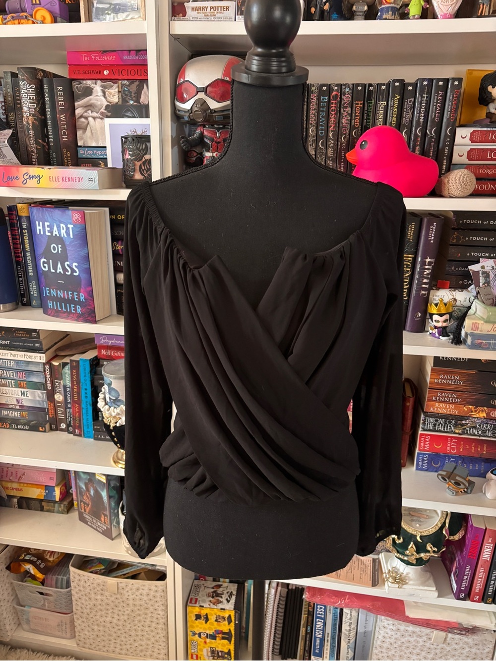 Windsor Black Draped Wrap-Front Long Sleeve Blouse